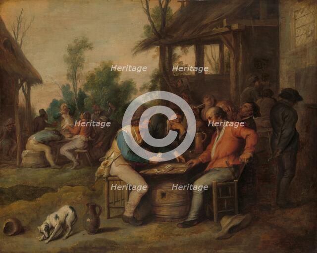 Two Men at Cards Outside a Country Inn, c.1650. Creator: Vincent Malo.