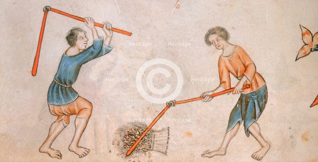 Two men beating corn with flails, c1300-c1340. Creator: Unknown.