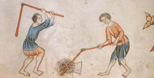 Two men beating corn with flails, c1300-c1340. Creator: Unknown