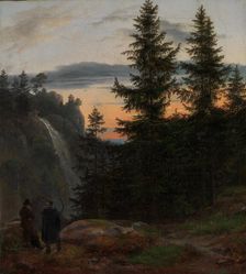 Two Men before a Waterfall at Sunset, 1823. Creator: Johan Christian Dahl