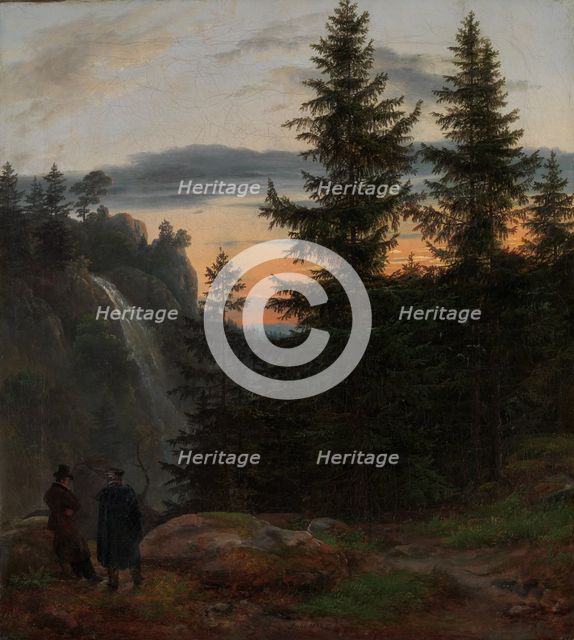 Two Men before a Waterfall at Sunset, 1823. Creator: Johan Christian Dahl.