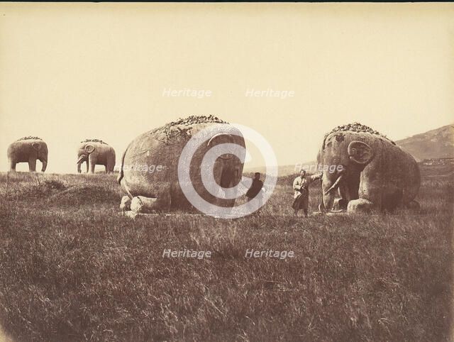 Two Men by Monumental Elephant Statues, China, 1860s-70s. Creator: Unknown.