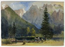 Two Men by Pond below Alps, 1800-1899. Creator: Unknown
