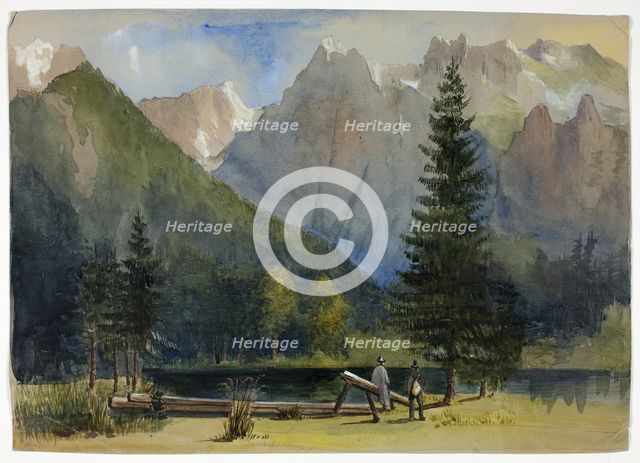 Two Men by Pond below Alps, 1800-1899. Creator: Unknown.