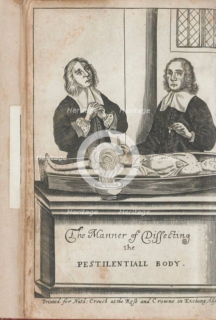 Two men dissecting a body with plague marks, 1666.