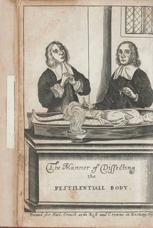 Two men dissecting a body with plague marks, 1666