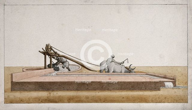 Two men drawing water from a well to channel into the fields, (between 1800 and 1899?). Creator: Unknown.