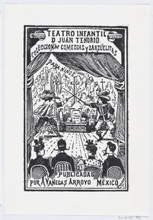 Two men dueling on a stage in front of an audience, illustration for Teatro Infa..., ca. 1880-1910. Creator: José Guadalupe Posada