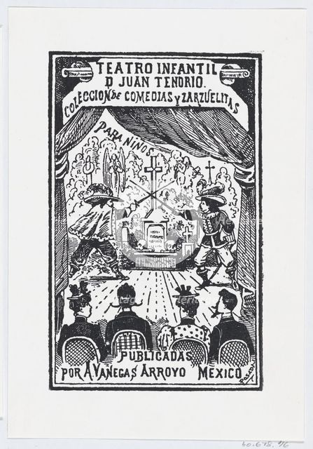 Two men dueling on a stage in front of an audience, illustration for 'Teatro Infa..., ca. 1880-1910. Creator: José Guadalupe Posada.