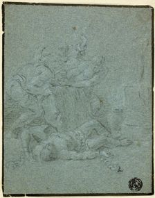 Two Men Holding Boulder over Prostrate Man with Manacles, n.d. Creator: Unknown