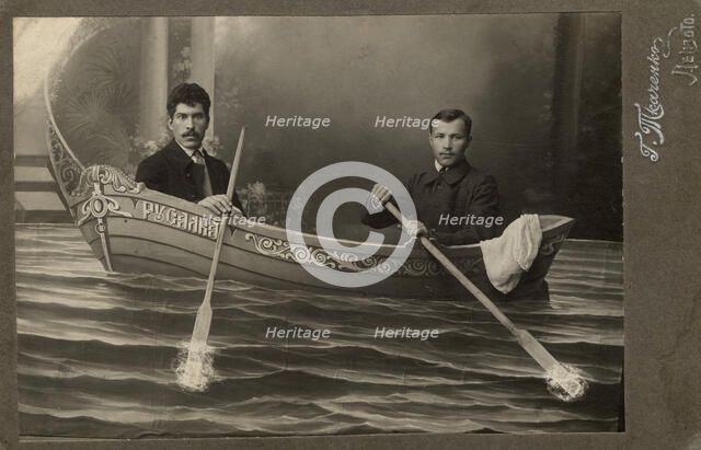Two Men in the Boat "Rusalka" ("Mermaid"), 1916. Creator: G. I. Tkachenko.