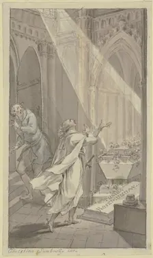 Two men in a medieval crypt next to a coffin, 18th century. Creator: Christian Sambach