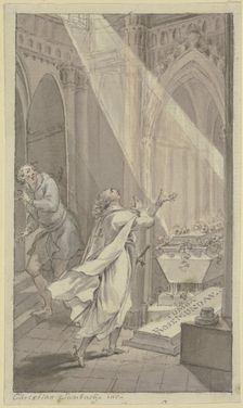 Two men in a medieval crypt next to a coffin, 18th century. Creator: Christian Sambach