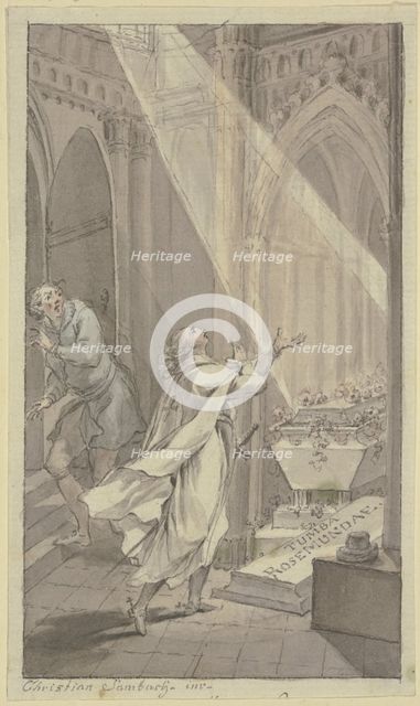 Two men in a medieval crypt next to a coffin, 18th century. Creator: Christian Sambach.