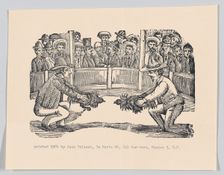 Two men in an arena holding cocks in preparation for a fight, spe..., ca 1890-1910 (reprinted 1964). Creator: José Guadalupe Posada