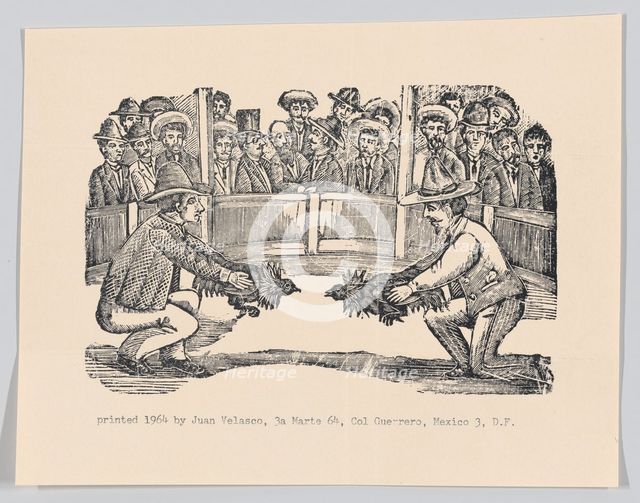 Two men in an arena holding cocks in preparation for a fight, spe..., ca 1890-1910 (reprinted 1964). Creator: José Guadalupe Posada.