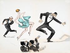Two men in black tie and woman in bright blue dress dance to jazz, from White Bottoms pub. 1927