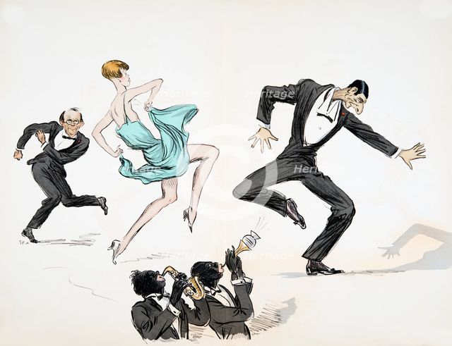 Two men in black tie and woman in bright blue dress dance to jazz, from 'White Bottoms' pub. 1927.
