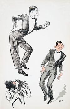 Two men in black tie dance to a musician on the saxophone, from White Bottoms pub. 1927