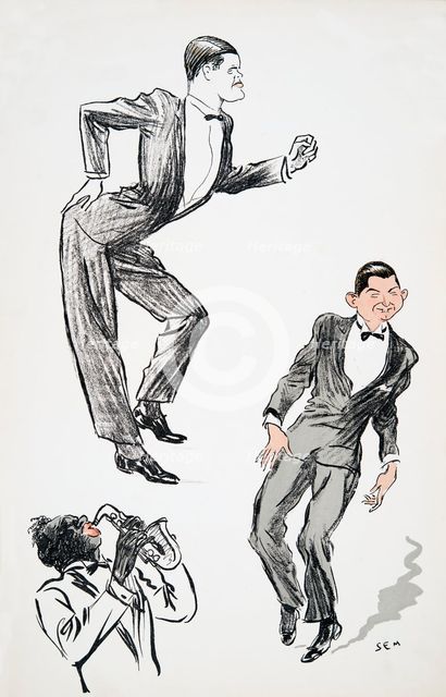 Two men in black tie dance to a musician on the saxophone, from 'White Bottoms' pub. 1927.