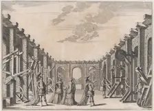 Two men in classical armor and two women looking at the mechanical devices on either side ..., 1674. Creator: Mathäus Küsel