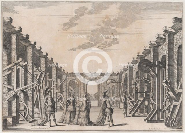 Two men in classical armor and two women looking at the mechanical devices on either side ..., 1674. Creator: Mathäus Küsel.