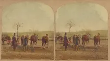 Two men in field with an agricultural machine hooked up to a team of horses, about 1865. Creator: Unknown