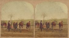 Two men in field with an agricultural machine hooked up to a team of horses, about 1865. Creator: Unknown