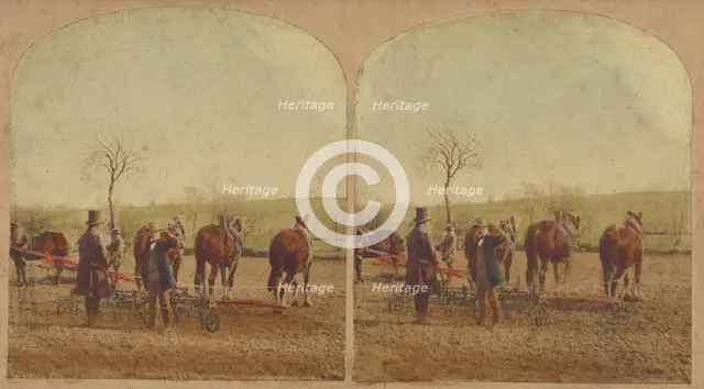 Two men in field with an agricultural machine hooked up to a team of horses, about 1865. Creator: Unknown.
