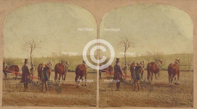 Two men in field with an agricultural machine hooked up to a team of horses, about 1865. Creator: Unknown.