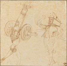 Two Men in Masquerade Costumes: A Cannon Firing and a Cat Inside a Mousetrap, c. 1645. Creator: Stefano della Bella