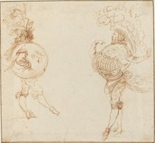 Two Men in Masquerade Costumes: The Earth and a Parade Helmet, c. 1645. Creator: Stefano della Bella