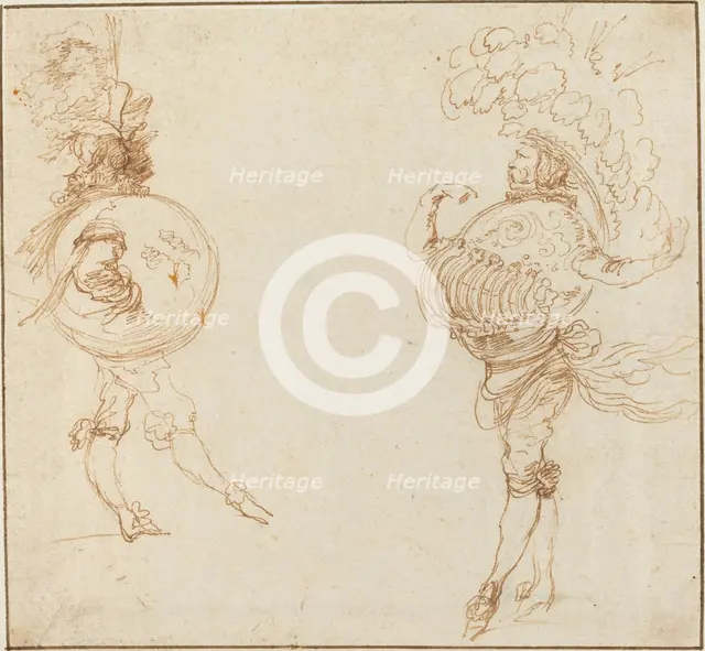 Two Men in Masquerade Costumes: The Earth and a Parade Helmet, c. 1645. Creator: Stefano della Bella.