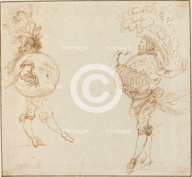 Two Men in Masquerade Costumes: The Earth and a Parade Helmet, c. 1645. Creator: Stefano della Bella.