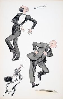 Two men in suits dancing while a musician plays the trumpet, from White Bottoms pub. 1927
