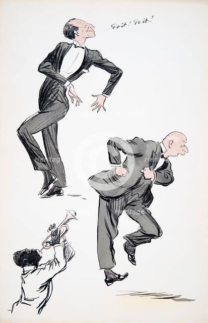 Two men in suits dancing while a musician plays the trumpet, from 'White Bottoms' pub. 1927.