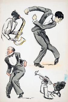 Two men in suits dancing while two musicians play the saxophone and trumpet, from White Bottoms pu