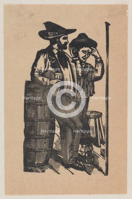 Two men leaning on a barrel and drinking, ca 1890-1910., ca 1890-1910. Creator: José Guadalupe Posada.