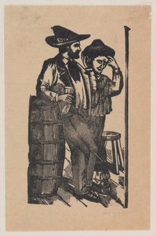 Two men leaning on a barrel and drinking, ca 1890-1910., ca 1890-1910. Creator: José Guadalupe Posada