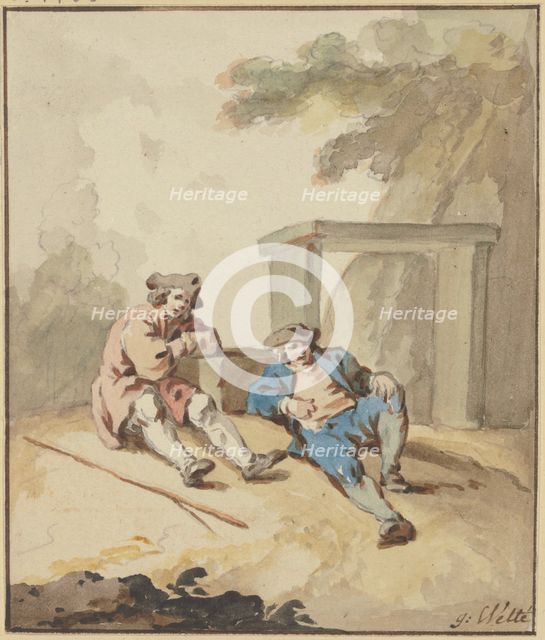Two men lying on the ground by a stone bench, c1770-1790. Creator: Gottlieb Welte.