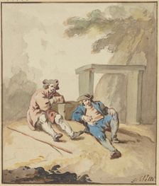Two men lying on the ground by a stone bench, c1770-1790. Creator: Gottlieb Welte