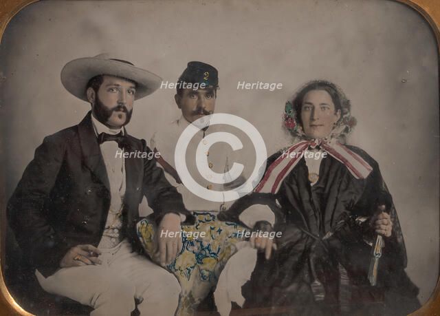 Two Men, One in Military Garb, and a Woman, Seated Around a Table, 1860s. Creator: Unknown.