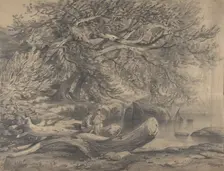 Two Men Resting by a Lake (recto)..., early to mid-19th century. Creator: Alexandre Calame
