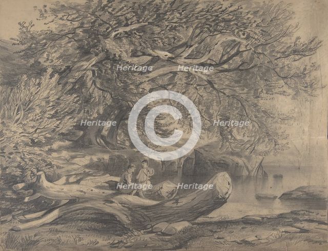 Two Men Resting by a Lake (recto)..., early to mid-19th century. Creator: Alexandre Calame.