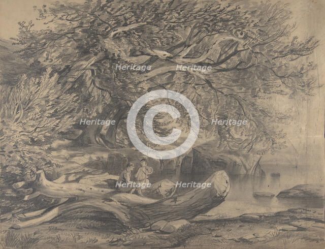 Two Men Resting by a Lake (recto)..., early to mid-19th century. Creator: Alexandre Calame.