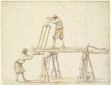 Two men sawing wood, 17th century; 18th century. Creator: Unknown