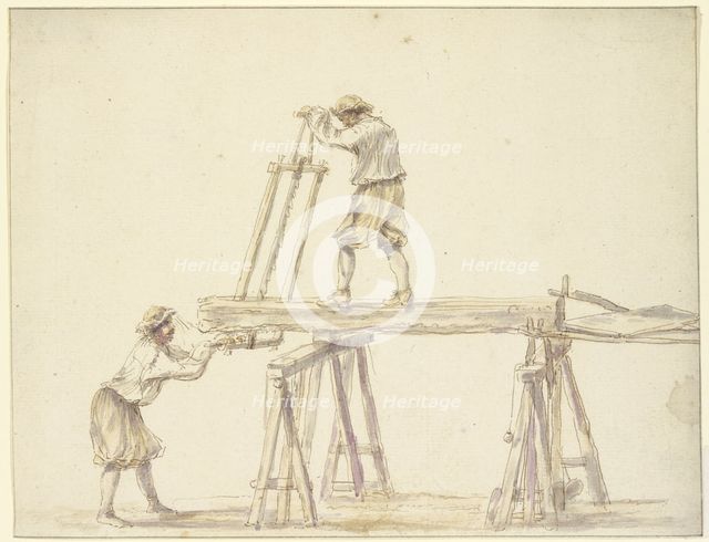 Two men sawing wood, 17th century; 18th century. Creator: Unknown.
