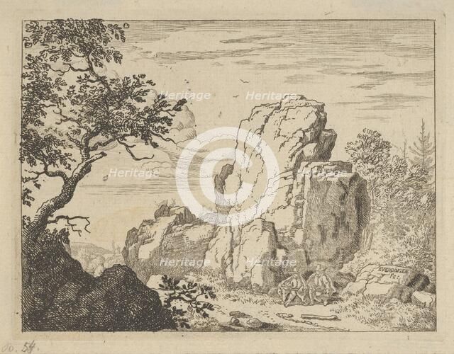 Two Men Seated at the Foot of a High Rock, 17th century. Creator: Allart van Everdingen.