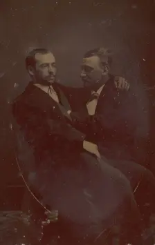 Two Men Seated, One in the Other's Lap, with Their Hands in Suggestive Positions, 1880s. Creator: Unknown