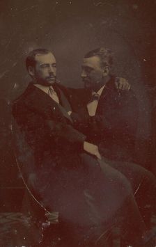 Two Men Seated, One in the Other's Lap, with Their Hands in Suggestive Positions, 1880s. Creator: Unknown